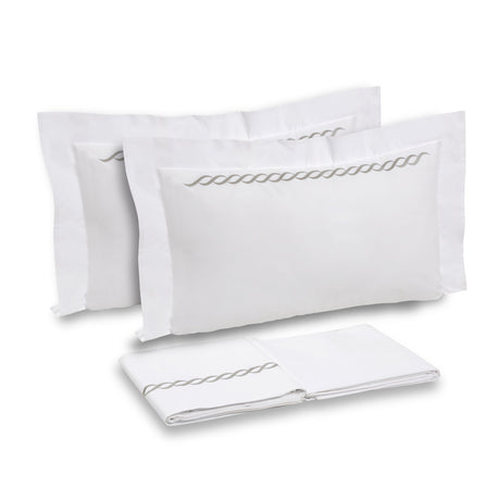 Completo Lenzuola in Percalle di Cotone con greca ricamata - Athene Lenzuola Dea Bianco/Grigio Scuro