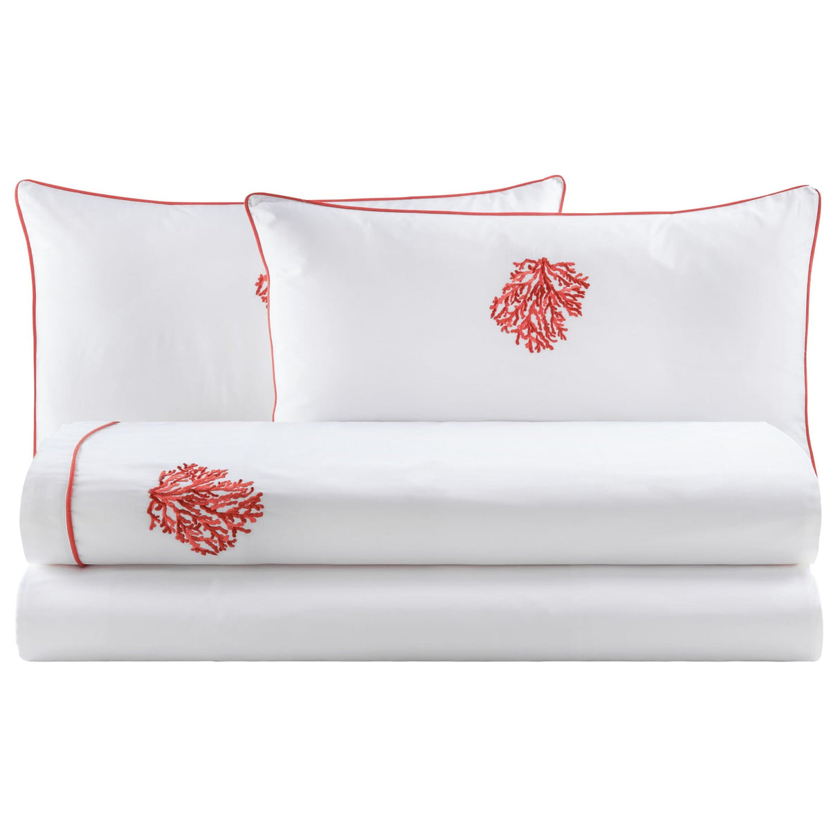 Completo Lenzuola in Percalle di Cotone con Piping - Aka Lenzuola Biancoperla Matrimoniale Corallo