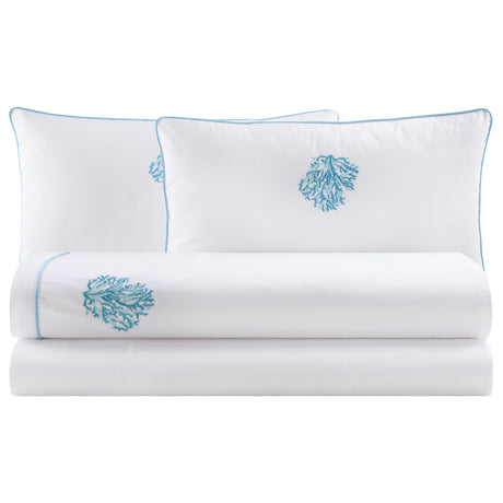 Completo Lenzuola in Percalle di Cotone con Piping - Aka Lenzuola Biancoperla Matrimoniale Turchese