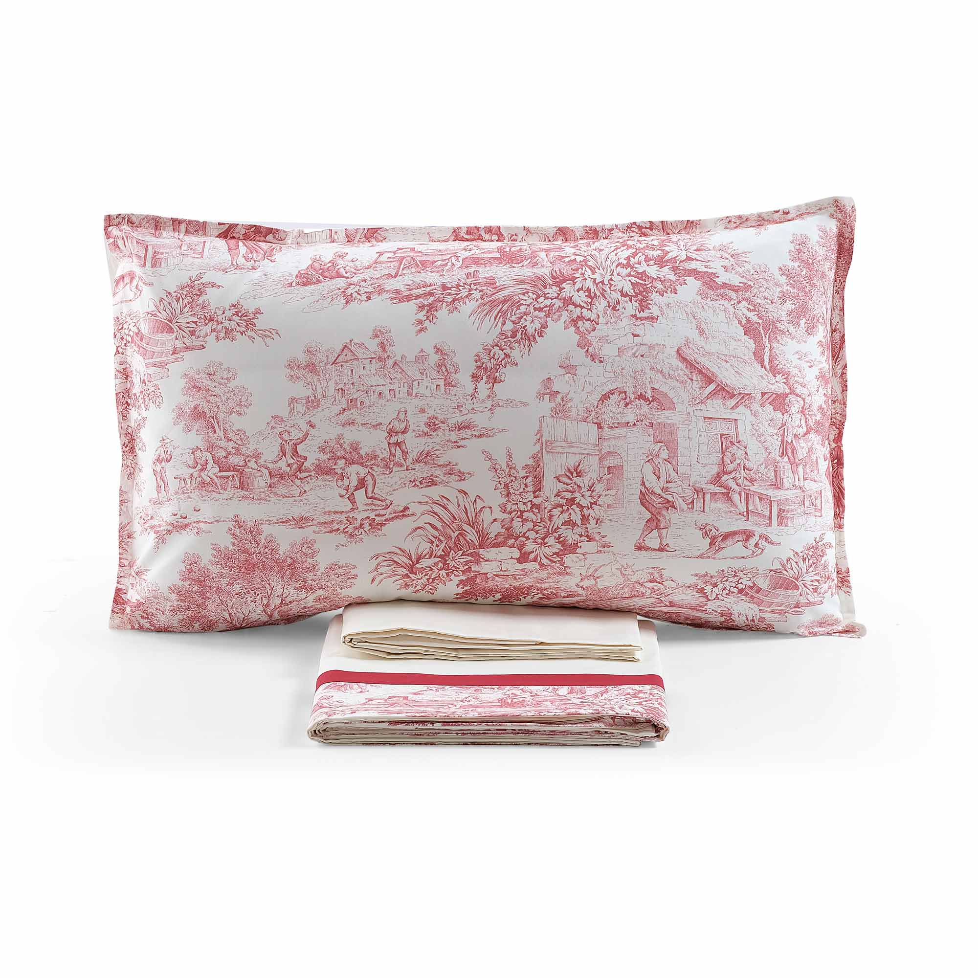 Completo Lenzuola in Percalle di Cotone Stampato - Jouy Lenzuola Lisola Matrimoniale Rosso