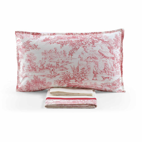 Completo Lenzuola in Percalle di Cotone Stampato - Jouy Lenzuola Lisola Matrimoniale Rosso