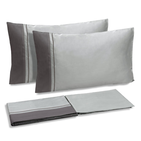 Completo Lenzuola in Raso di Cotone con Balza a Contrasto - Williamsburg Lenzuola Dea Matrimoniale Grigio