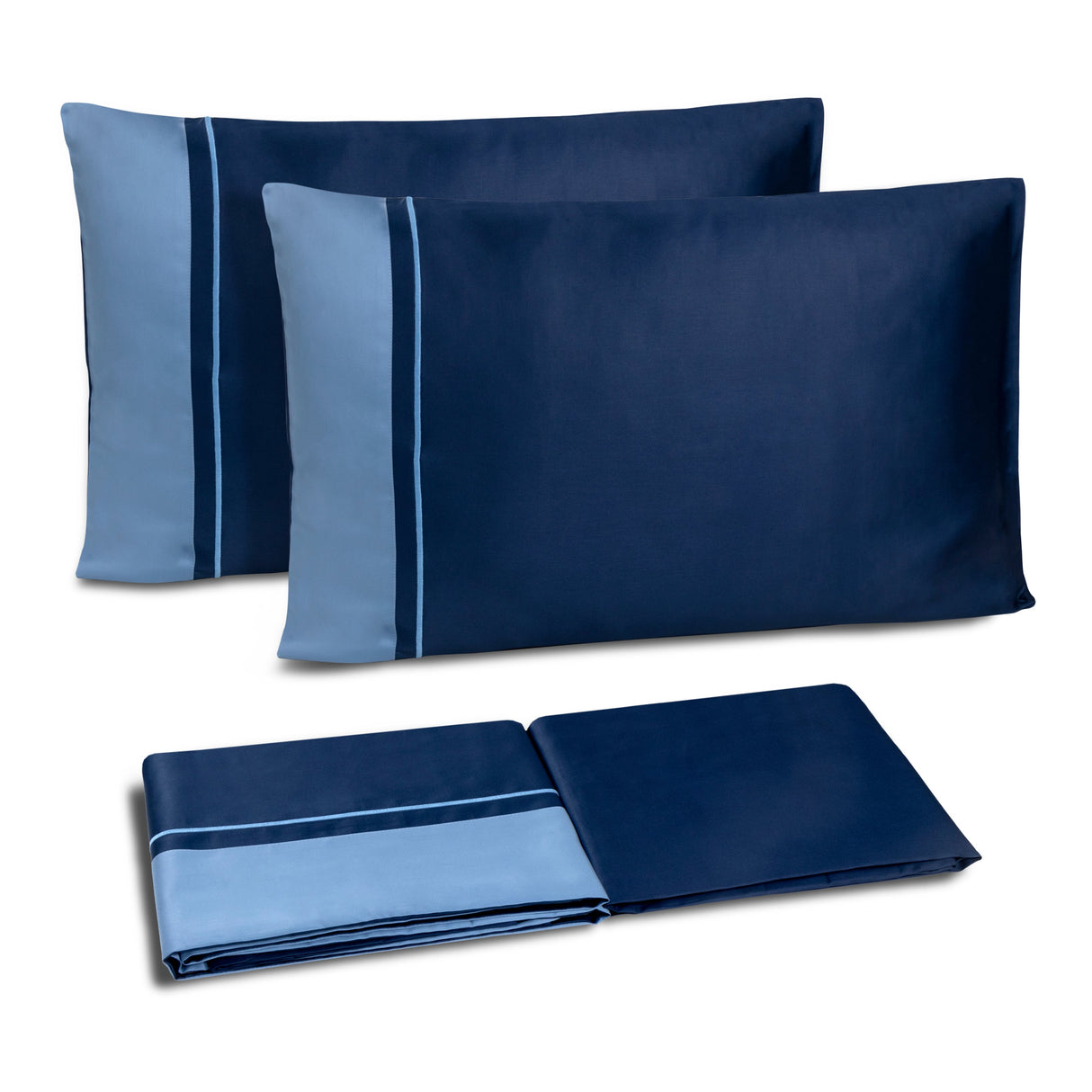 Completo Lenzuola in Raso di Cotone con Balza a Contrasto - Williamsburg Lenzuola Dea Matrimoniale Blu/Turchese