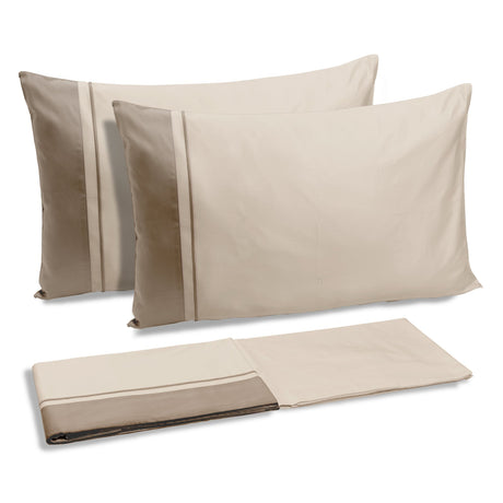 Completo Lenzuola in Raso di Cotone con Balza a Contrasto - Williamsburg Lenzuola Dea Matrimoniale Taupe/Mandorla