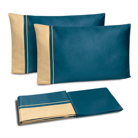 Completo Lenzuola in Raso di Cotone con Balza a Contrasto - Williamsburg Lenzuola Dea Matrimoniale Ottanio/Oro