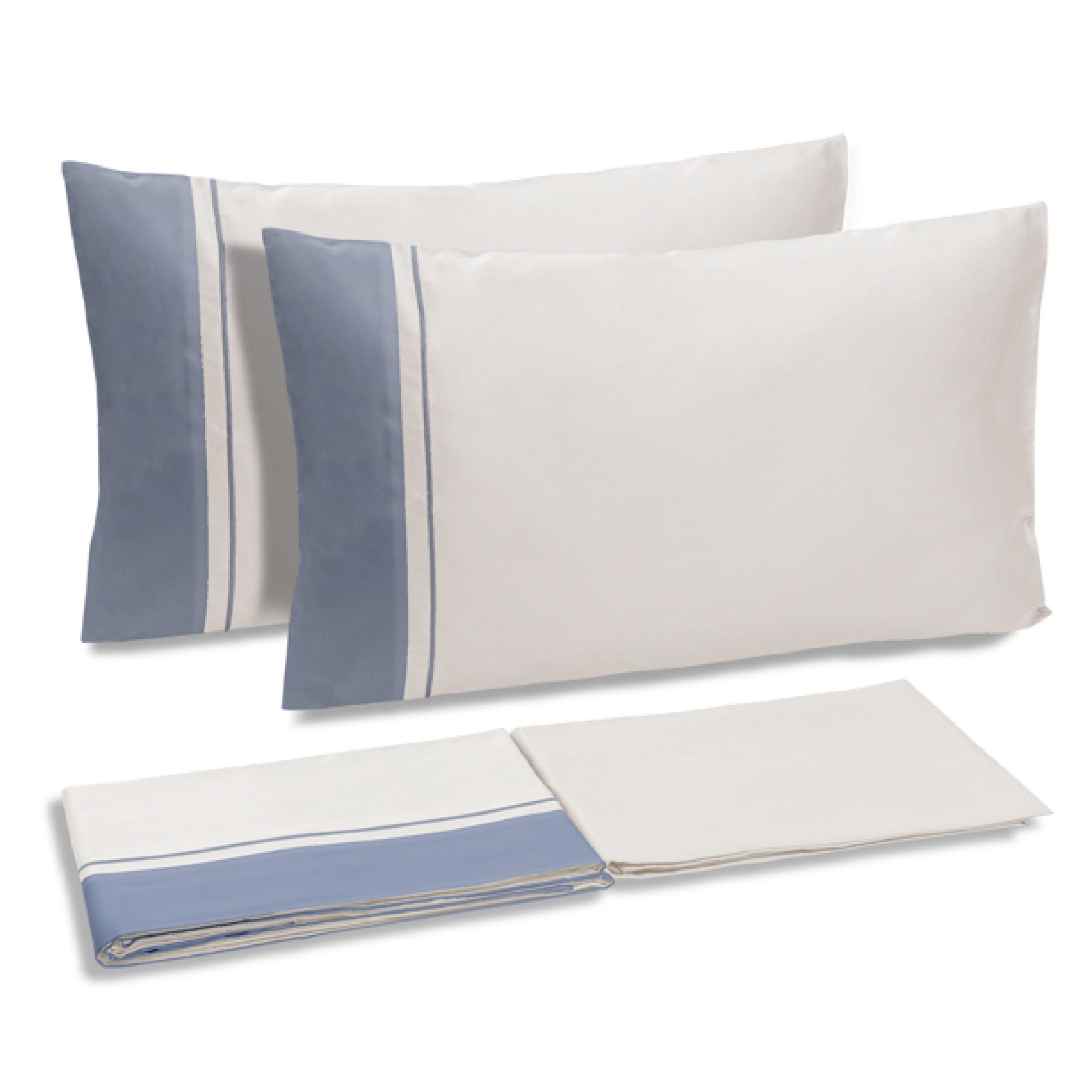 Completo Lenzuola in Raso di Cotone con Balza a Contrasto - Williamsburg Lenzuola Dea Matrimoniale Avorio/Blu Coloniale