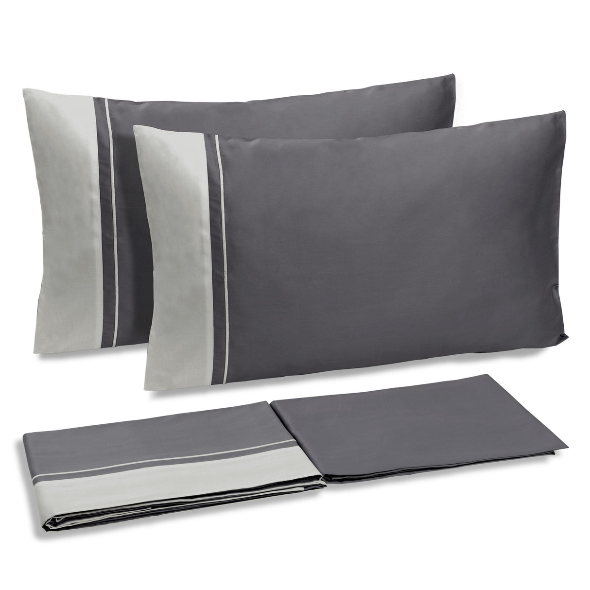 Completo Lenzuola in Raso di Cotone con Balza a Contrasto - Williamsburg Lenzuola Dea Matrimoniale Antracite