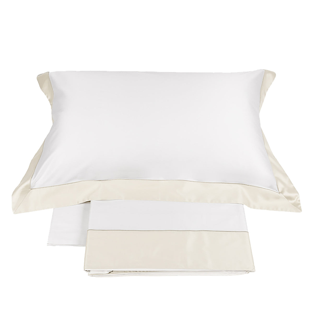 Completo Lenzuola in Raso Di Cotone con Bordo Applicato - Quadrilatero Lenzuola Fazzini Atelier Matrimoniale Bianco/Avorio