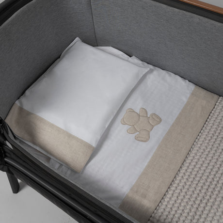 Completo Lenzuoline per Culla in Puro Cotone Ricamato bordo in lino - Teddy Completo Lenzuolino Lisola Baby