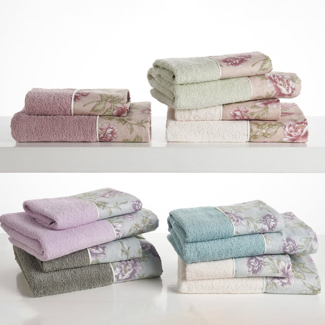 Coppia di Asciugamani in Spugna di Cotone con Balza Foliage - Rosy Coppia di spugna Lisola