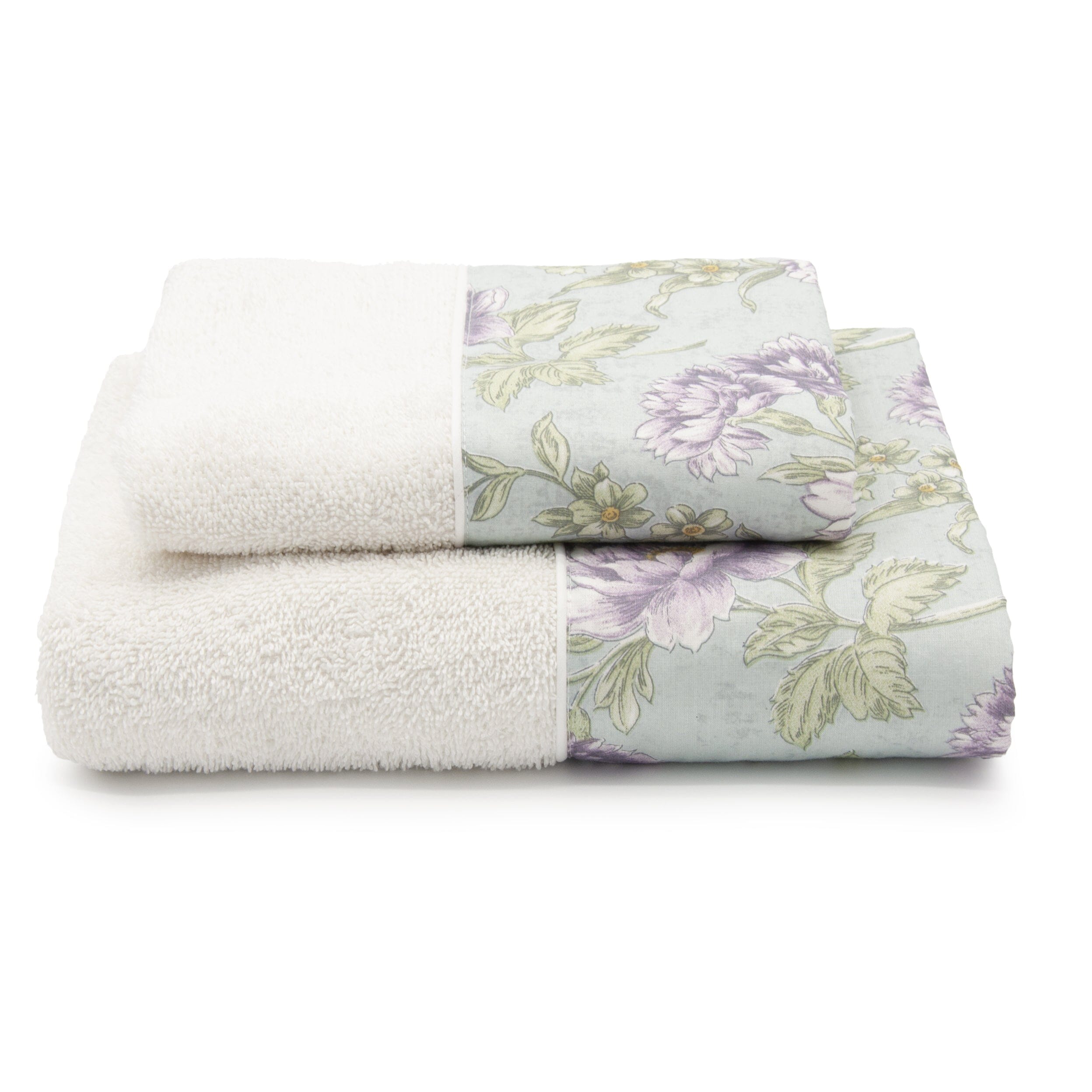 Coppia di Asciugamani in Spugna di Cotone con Balza Foliage - Rosy Coppia di spugna Lisola Panna/Azzurro