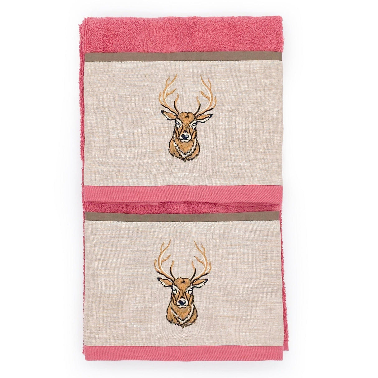 Coppia di Asciugamani in Spugna di Cotone con Balza in Lino - Fianna Coppia di spugna Creole Home Lampone