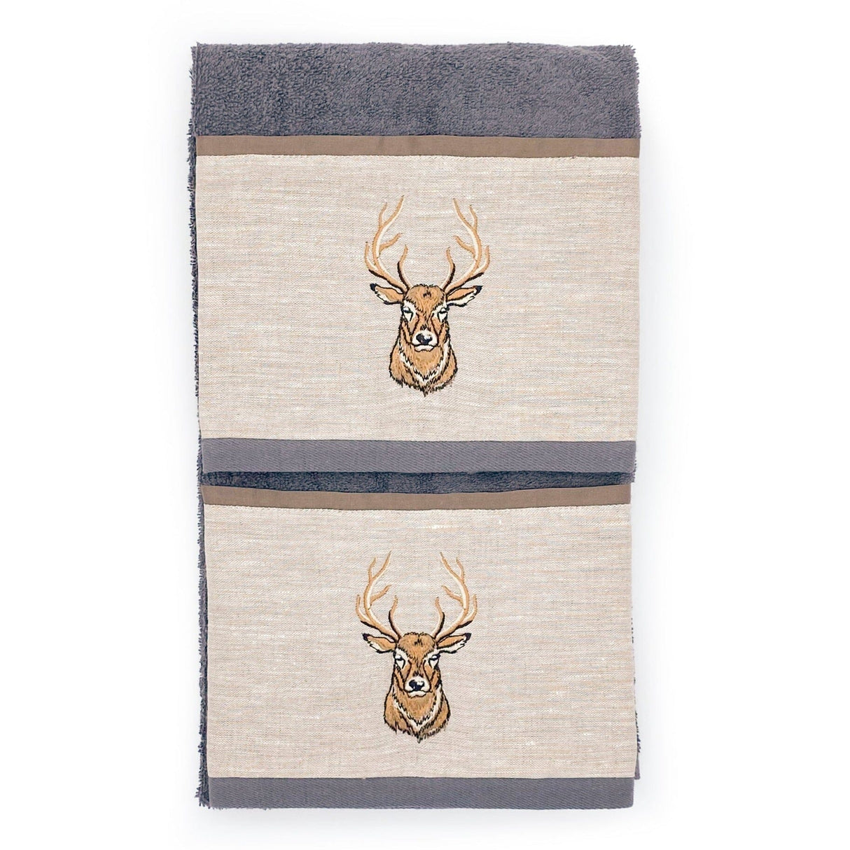 Coppia di Asciugamani in Spugna di Cotone con Balza in Lino - Fianna Coppia di spugna Creole Home Piombo