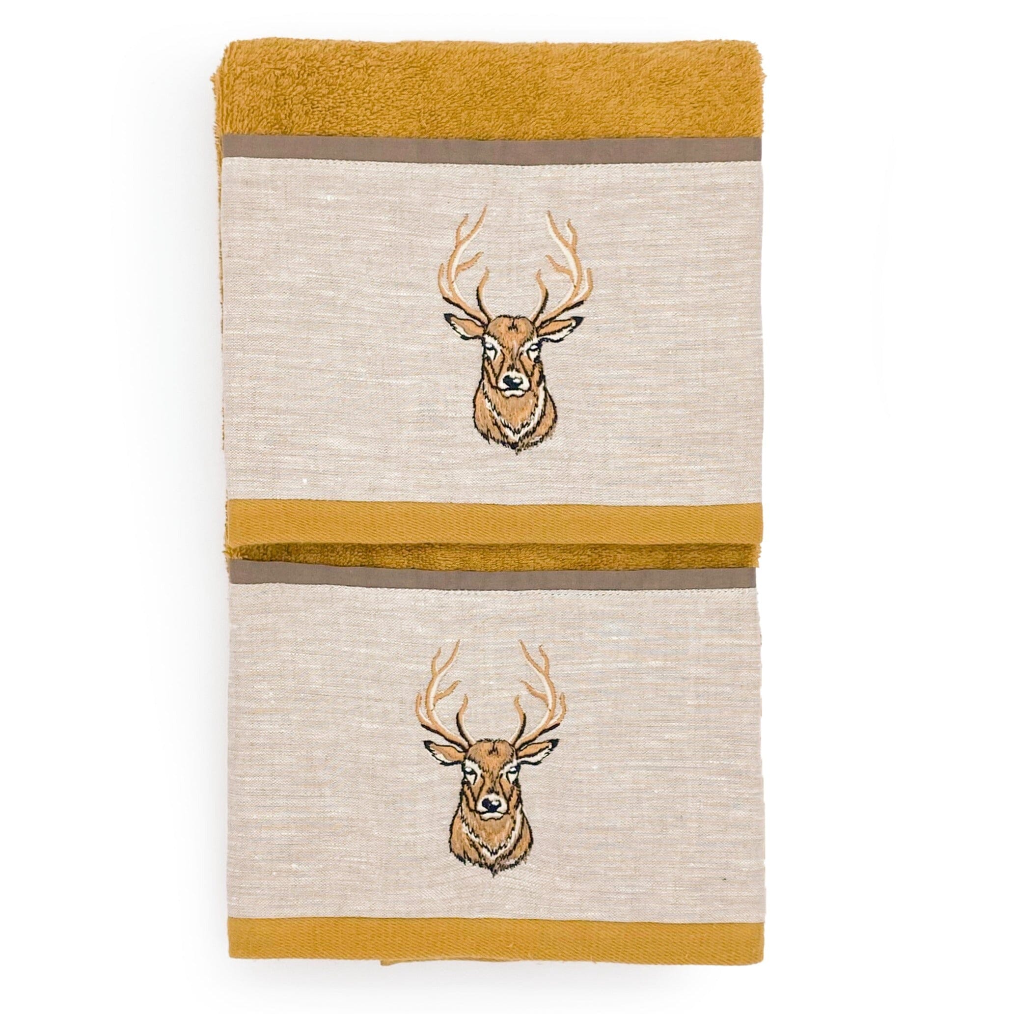 Coppia di Asciugamani in Spugna di Cotone con Balza in Lino - Fianna Coppia di spugna Creole Home Senape