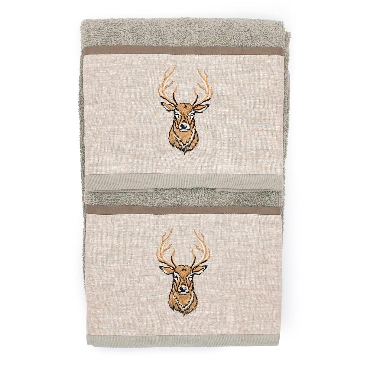 Coppia di Asciugamani in Spugna di Cotone con Balza in Lino - Fianna Coppia di spugna Creole Home Verde