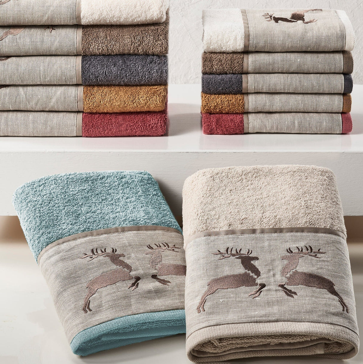 Coppia di Asciugamani in Spugna di Cotone con Balza in Lino - Renna Coppia di spugna Creole Home