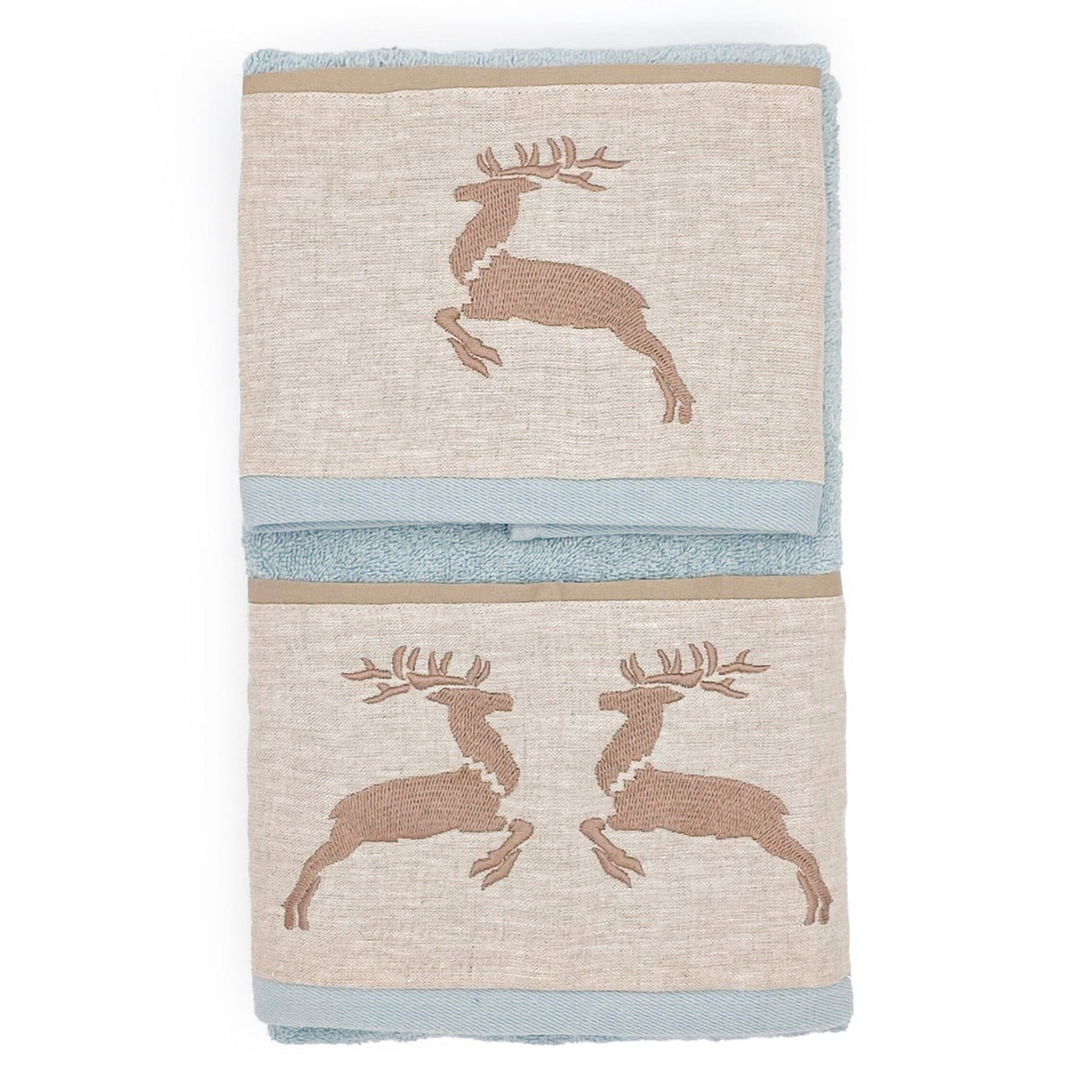 Coppia di Asciugamani in Spugna di Cotone con Balza in Lino - Renna Coppia di spugna Creole Home Azzurro