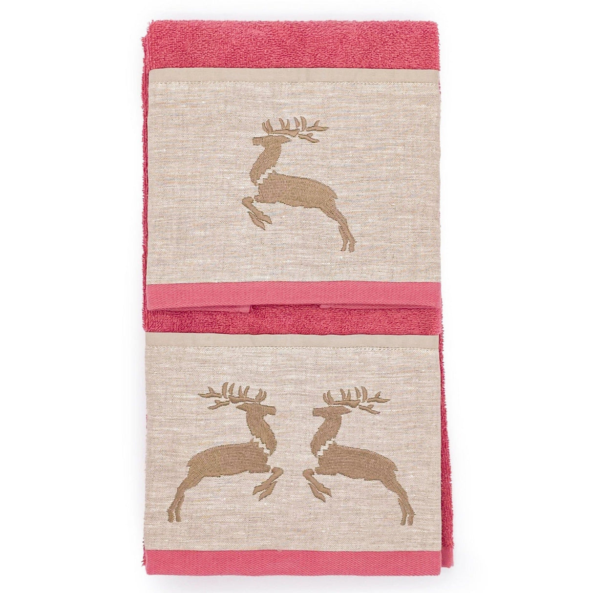 Coppia di Asciugamani in Spugna di Cotone con Balza in Lino - Renna Coppia di spugna Creole Home Lampone