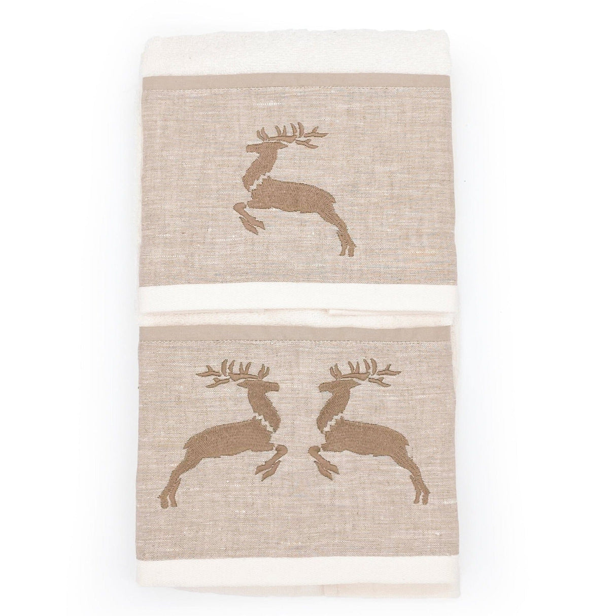 Coppia di Asciugamani in Spugna di Cotone con Balza in Lino - Renna Coppia di spugna Creole Home Panna