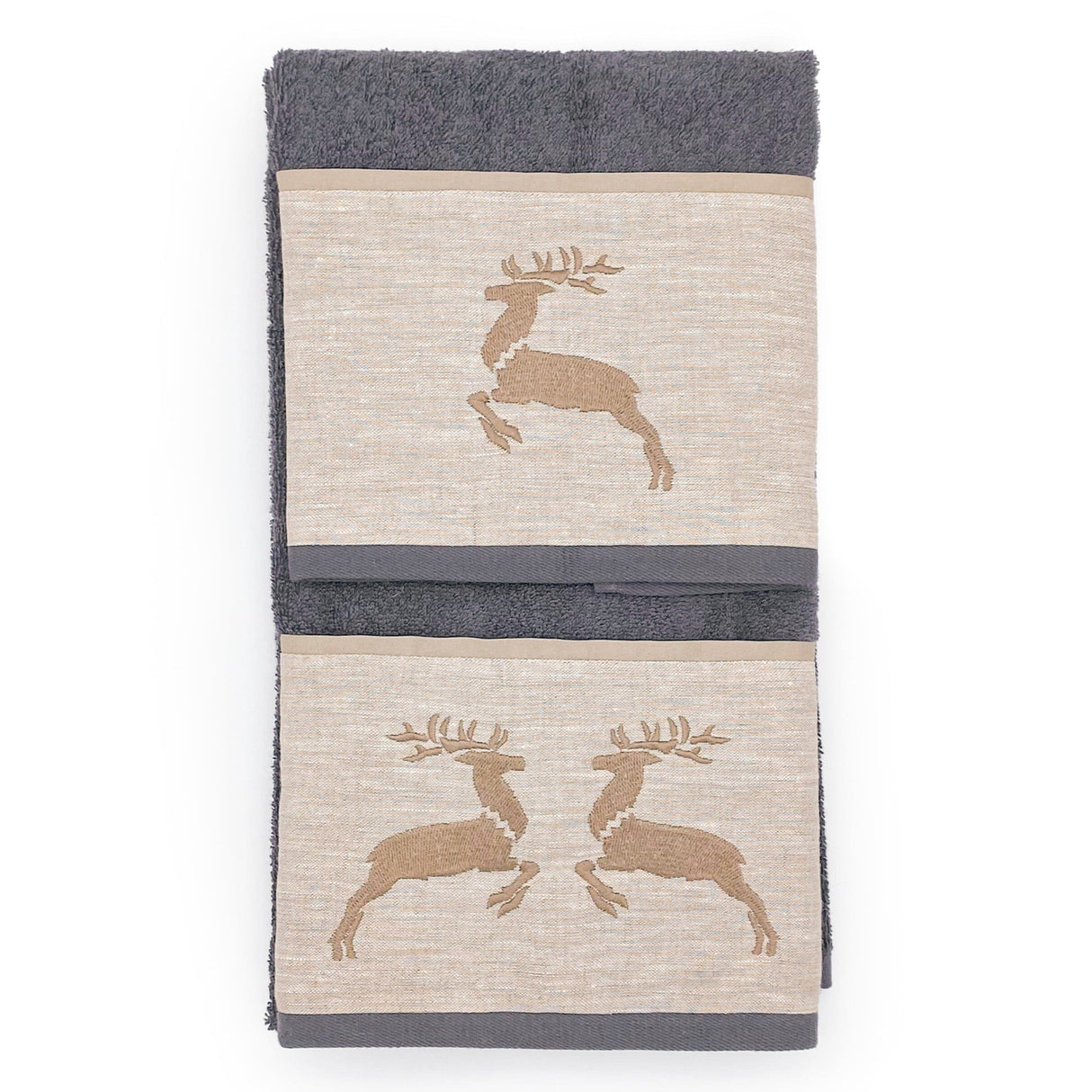 Coppia di Asciugamani in Spugna di Cotone con Balza in Lino - Renna Coppia di spugna Creole Home Piombo