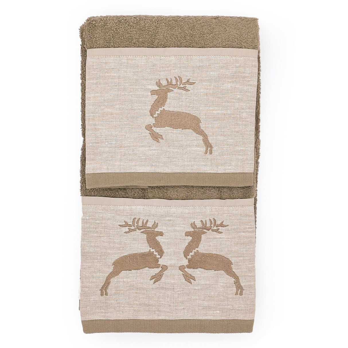 Coppia di Asciugamani in Spugna di Cotone con Balza in Lino - Renna Coppia di spugna Creole Home Tortora