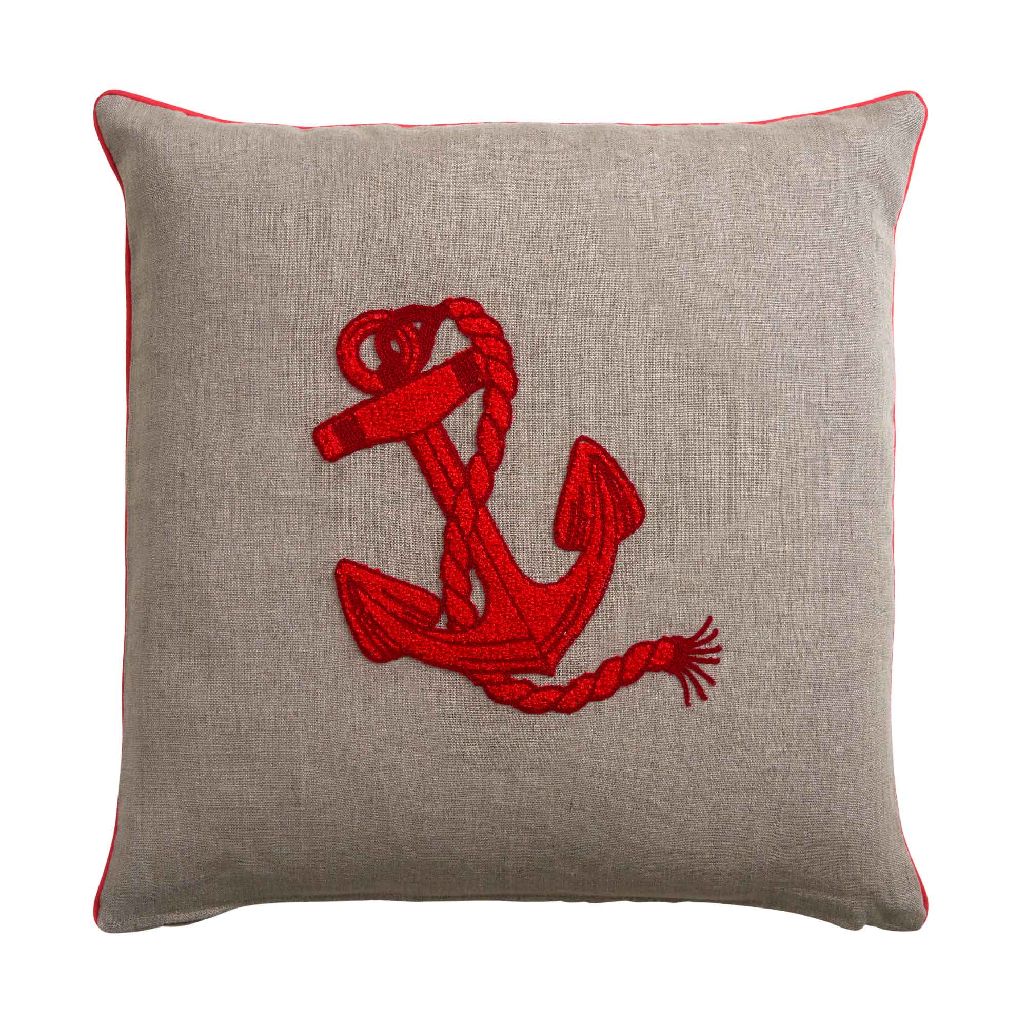 Cuscino Arredo Quadrato in Puro Lino con Ricamo - Milos Cuscini Arredo Biancoperla Naturale/Corallo