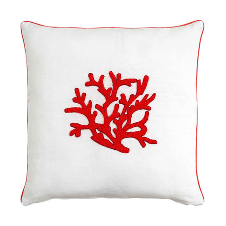 Cuscino Arredo Quadrato in Puro Lino con Ricamo - Zante Cuscini Arredo Biancoperla Bianco/Corallo