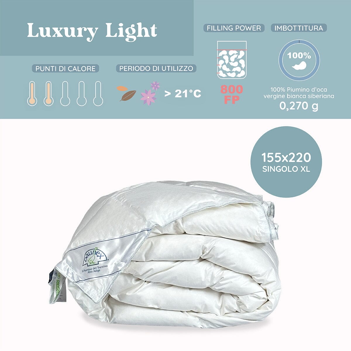 Daunex Siberian Luxury Piumino Light Piumino d'oca Daunex 155 x 220 (Singolo Extra Lungo) 