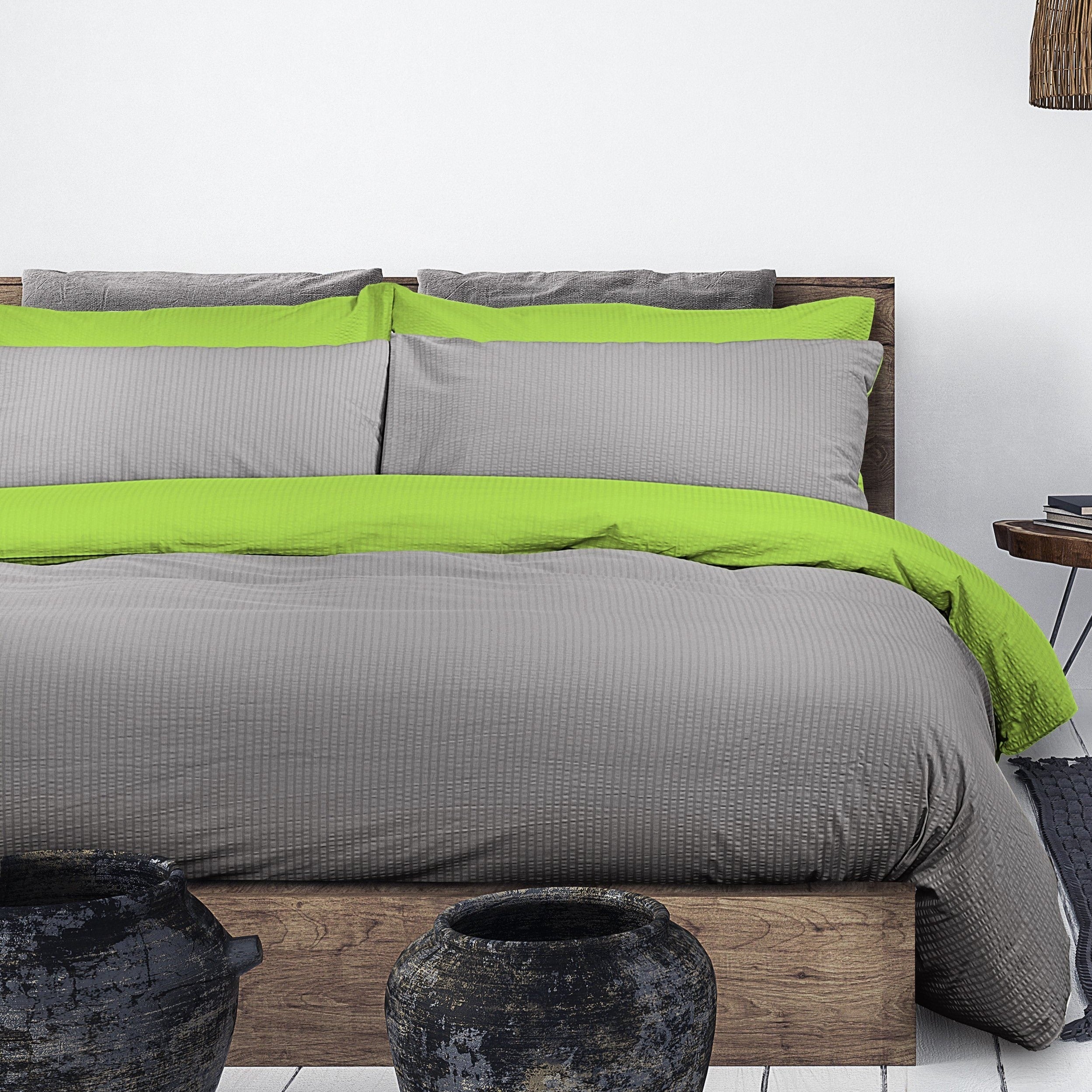 Parure Copripiumino Puro Cotone Double Face No Stiro - Seersucker Bicolor Copripiumino Daunex Singola Antracite/Verde Acido