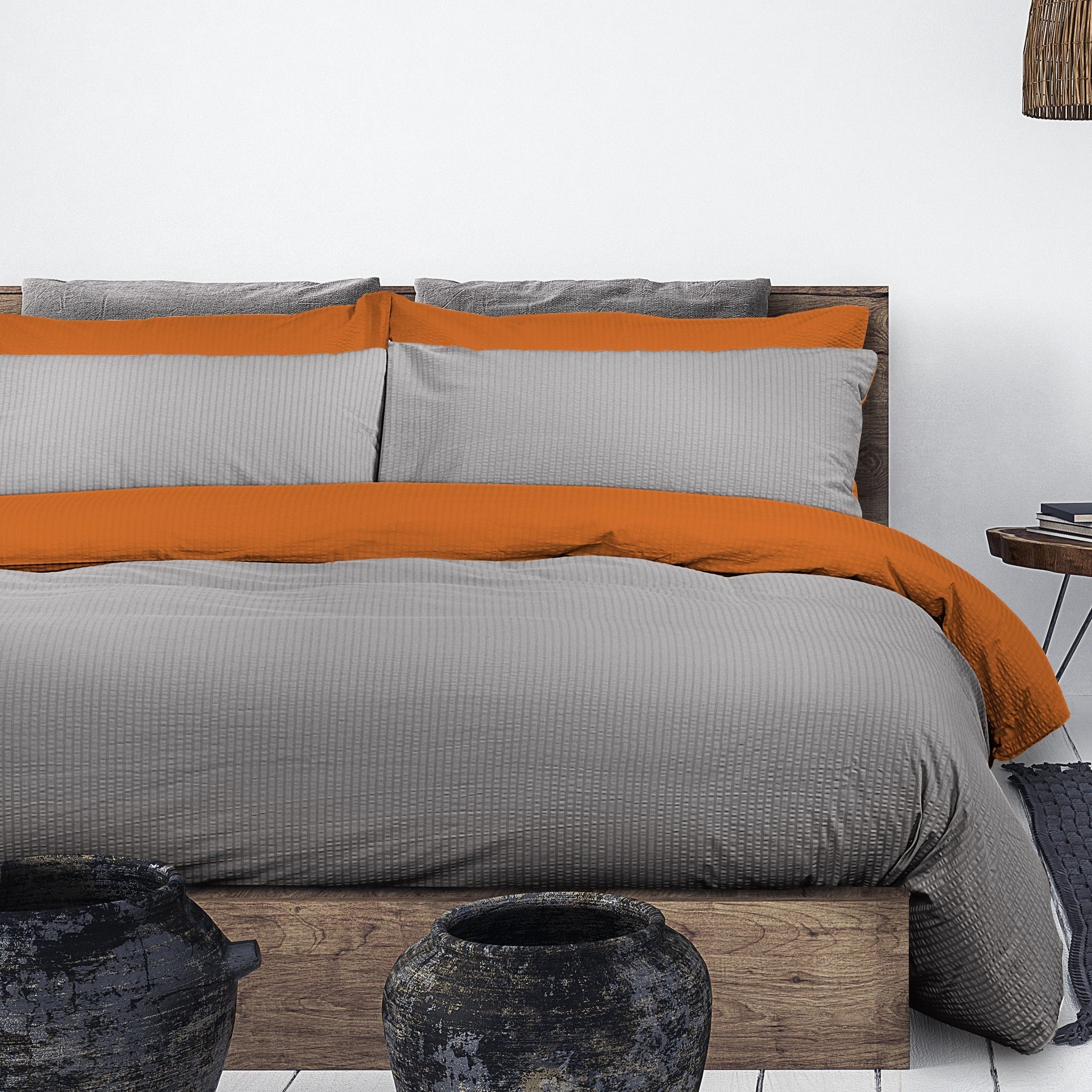 Parure Copripiumino Puro Cotone Double Face No Stiro - Seersucker Bicolor Copripiumino Daunex Singola Arancio/Antracite