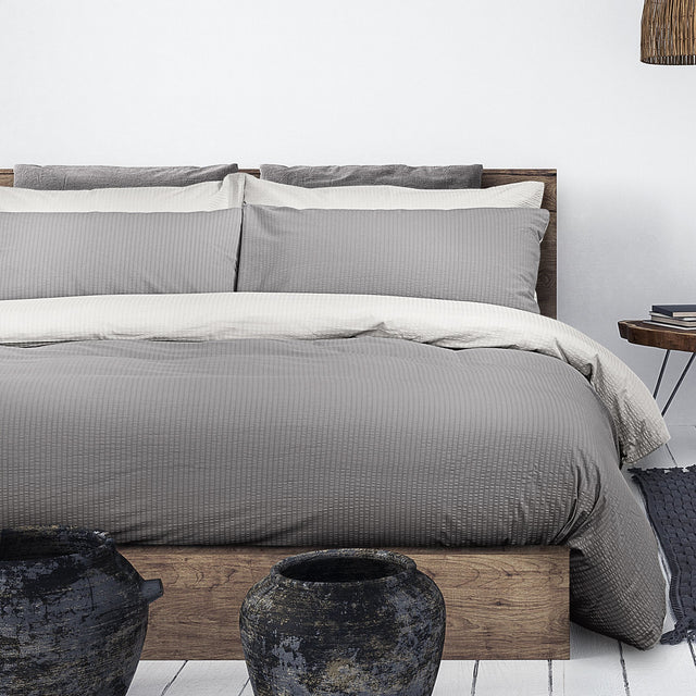 Parure Copripiumino Puro Cotone Double Face No Stiro - Seersucker Bicolor Copripiumino Daunex Singola Perla/Antracite