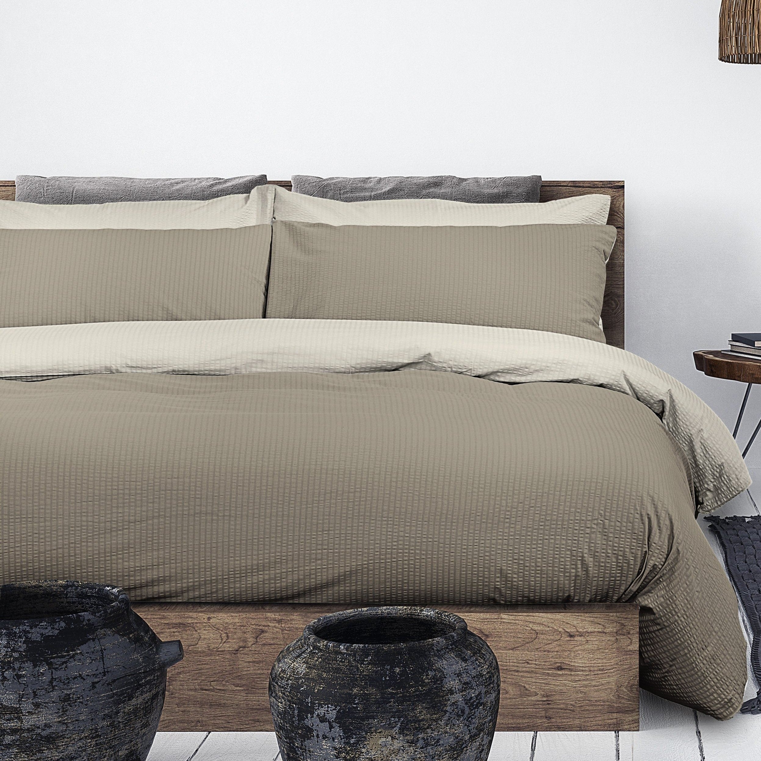 Parure Copripiumino Puro Cotone Double Face No Stiro - Seersucker Bicolor Copripiumino Daunex Singola Tortora/Naturale