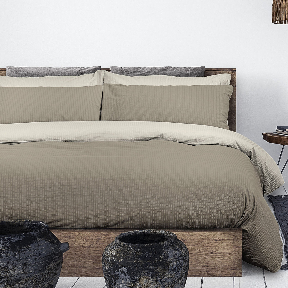 Parure Copripiumino Puro Cotone Double Face No Stiro - Seersucker Bicolor Copripiumino Daunex Singola Tortora/Naturale