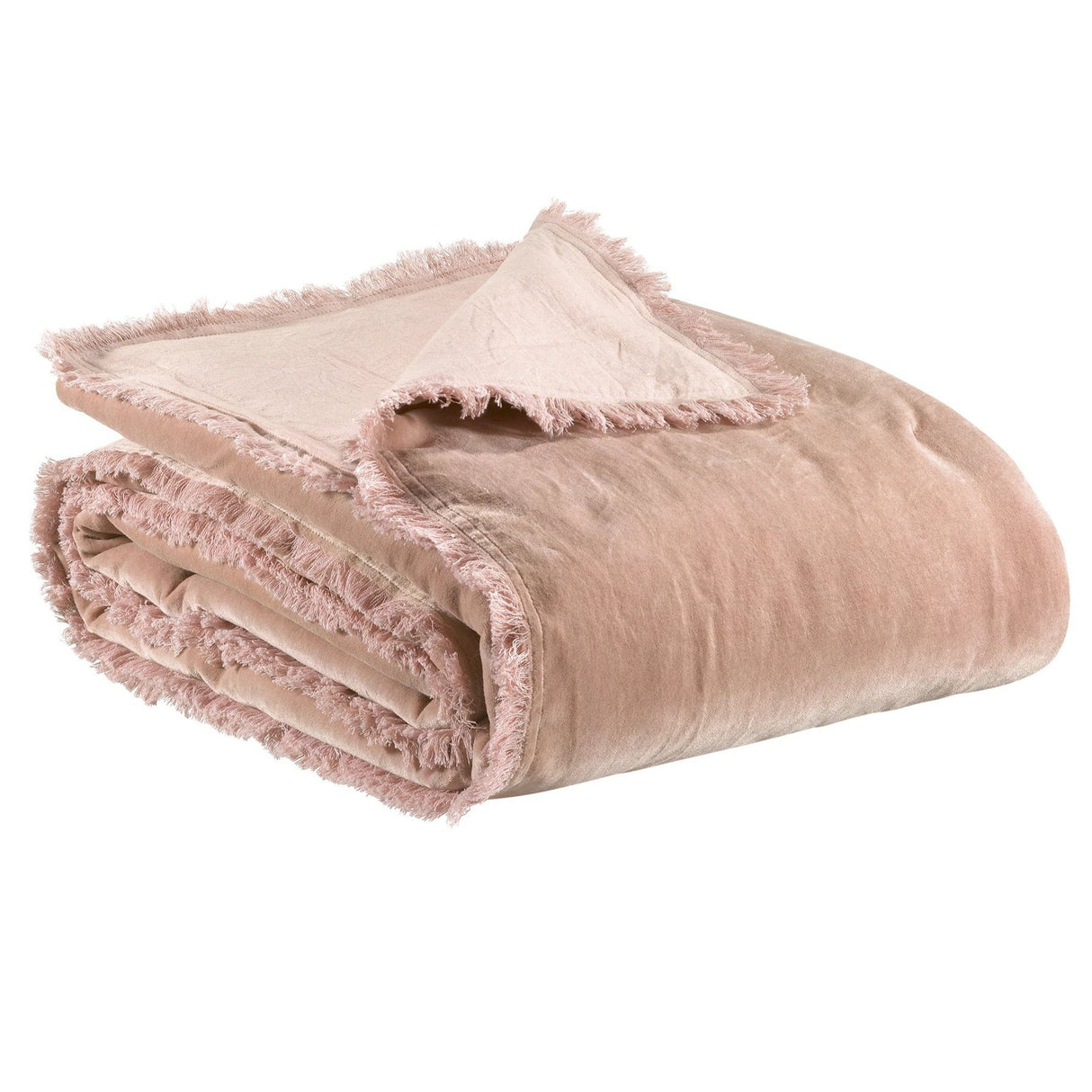 Plaid imbottito in Puro Cotone Vellutato a Frange Tinta Unita - Fara Plaid Vivaraise Rosa