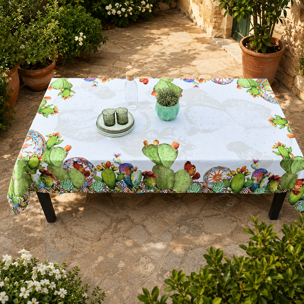Tovaglia in Raso di Cotone Fantasia Cactus - Ruota Carretto Siciliano