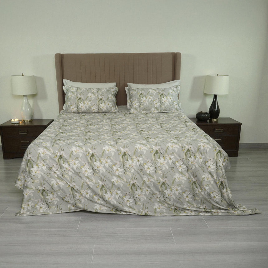 Completo Lenzuola Copriletto in Raso di Cotone Egiziano con Stampa Floreale - Aida