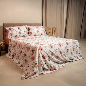 Completo Lenzuola Copriletto in Raso di Cotone Egiziano con Stampa Floreale - Rosaire