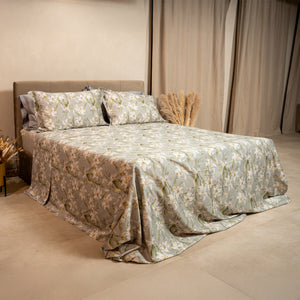 Completo Lenzuola Copriletto in Raso di Cotone Egiziano con Stampa Floreale - Aida