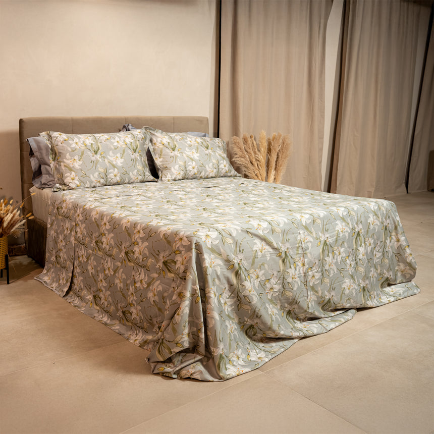 Completo Lenzuola Copriletto in Raso di Cotone Egiziano con Stampa Floreale - Aida