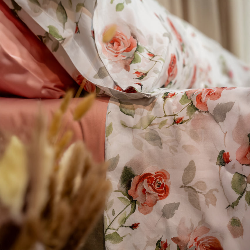 Completo Lenzuola Copriletto in Raso di Cotone Egiziano con Stampa Floreale - Rosaire