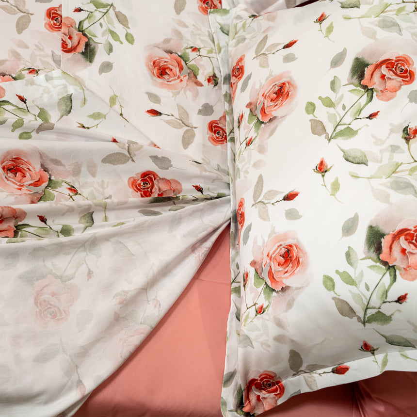 Completo Lenzuola Copriletto in Raso di Cotone Egiziano con Stampa Floreale - Rosaire