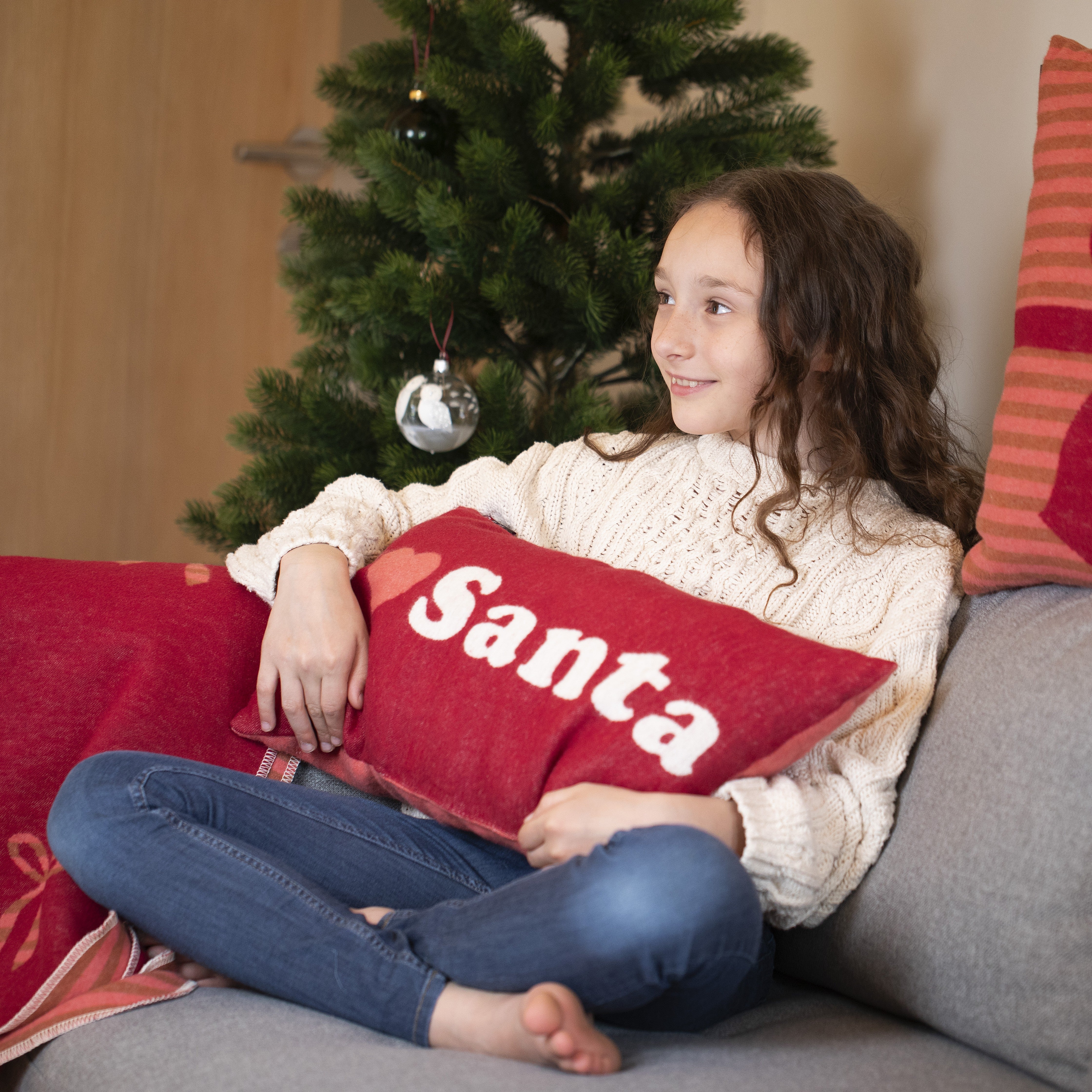 Cuscino in cotone con Scritta a contrasto - I Love Santa