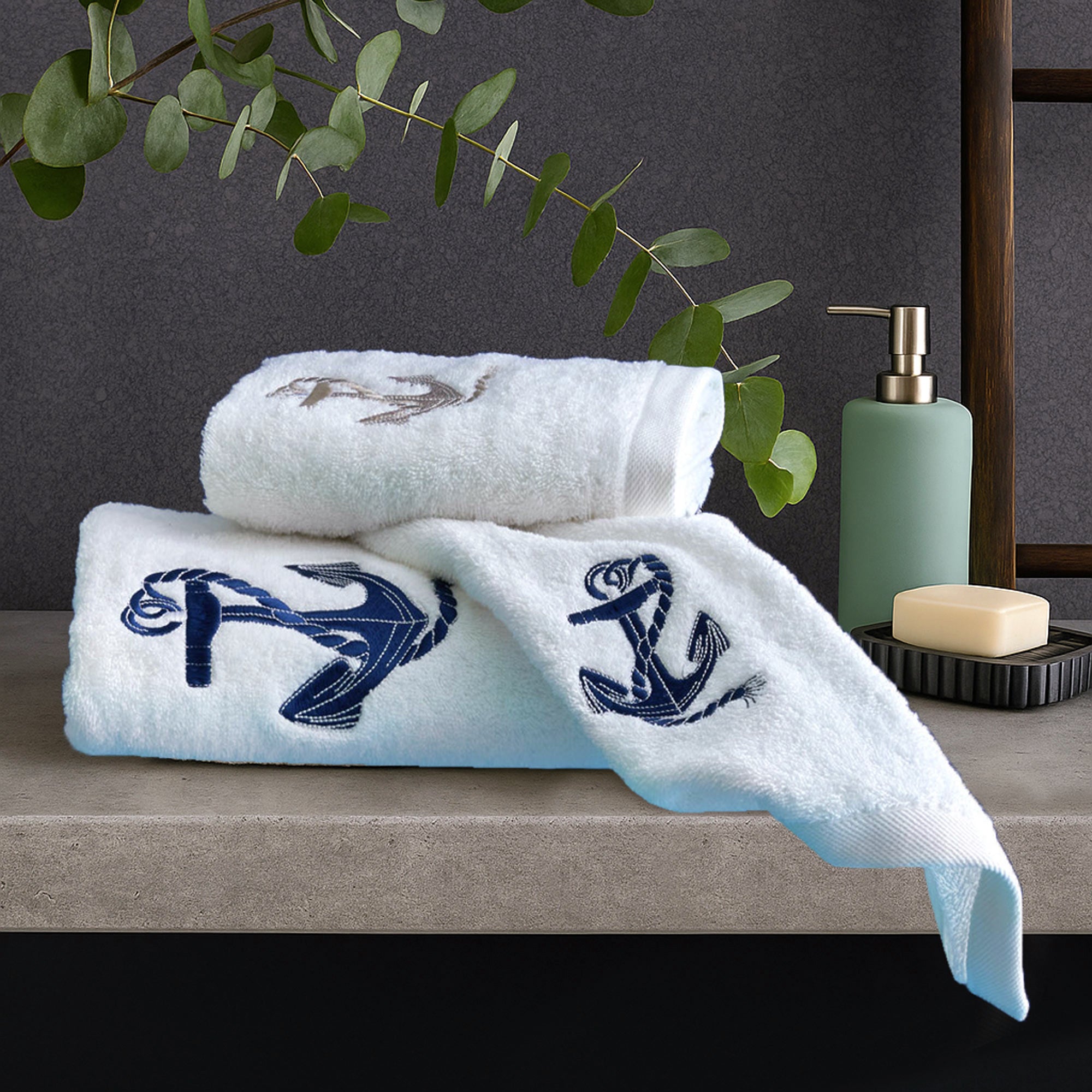 Coppia di Asciugamani in Spugna in Cotone con Ricamo - Ancora