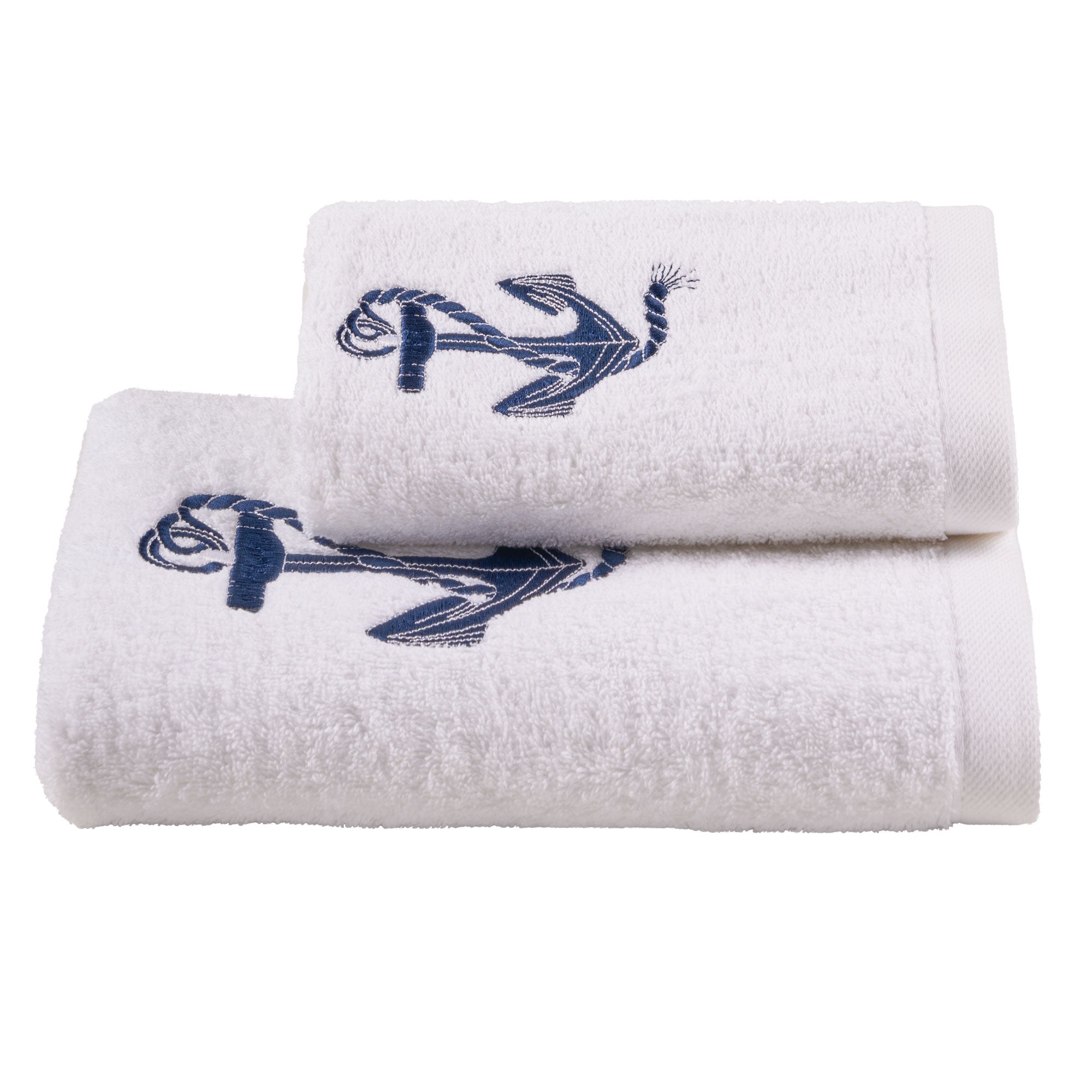 Coppia di Asciugamani in Spugna in Cotone con Ricamo - Ancora