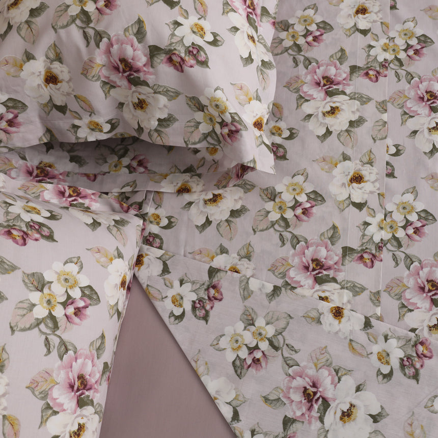 Completo Lenzuola Copriletto in Percalle di Cotone Egiziano con Stampa Floreale - Fiaba Bloom