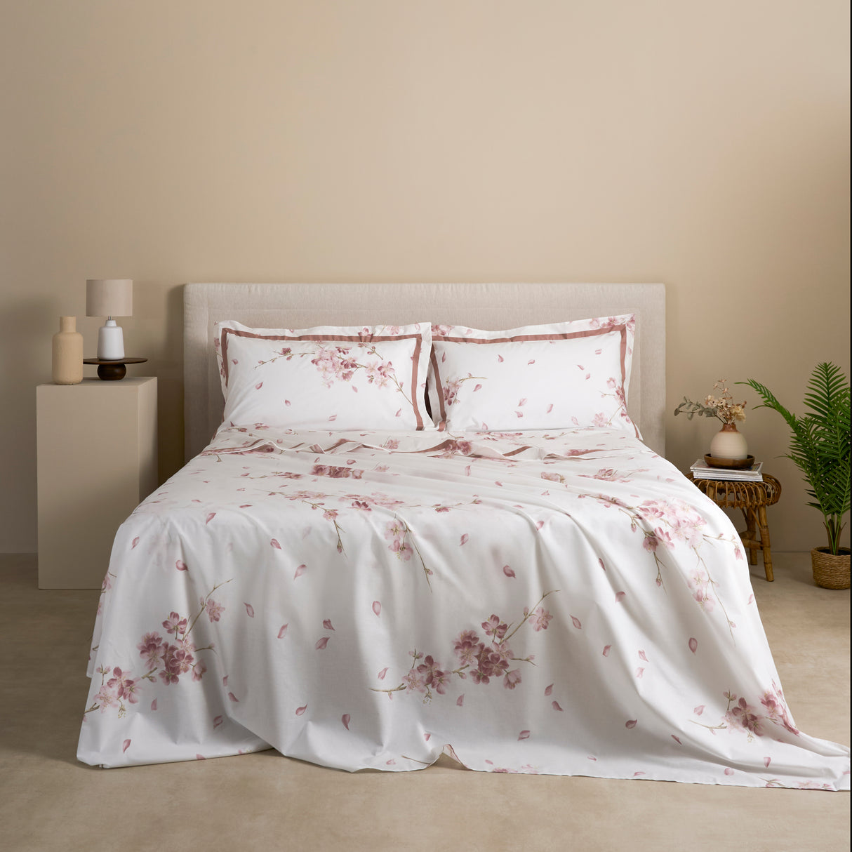 Completo Lenzuola In Percalle di Cotone con fantasia floreale - Ciliegio