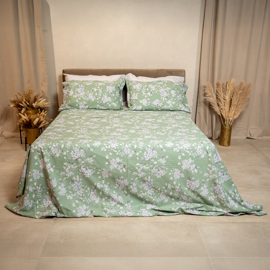 Completo Lenzuola Copriletto in Percalle di Cotone Egiziano con Stampa Floreale - Serenelle