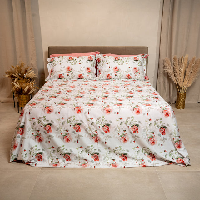 Completo Lenzuola Copriletto in Raso di Cotone Egiziano con Stampa Floreale - Rosaire