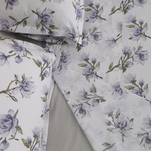 Completo Lenzuola Copriletto in Percalle di Cotone Egiziano con Stampa Floreale - Magnolie Reverie