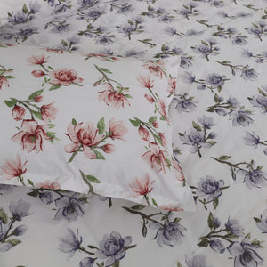 Completo Lenzuola Copriletto in Percalle di Cotone Egiziano con Stampa Floreale - Magnolie Reverie